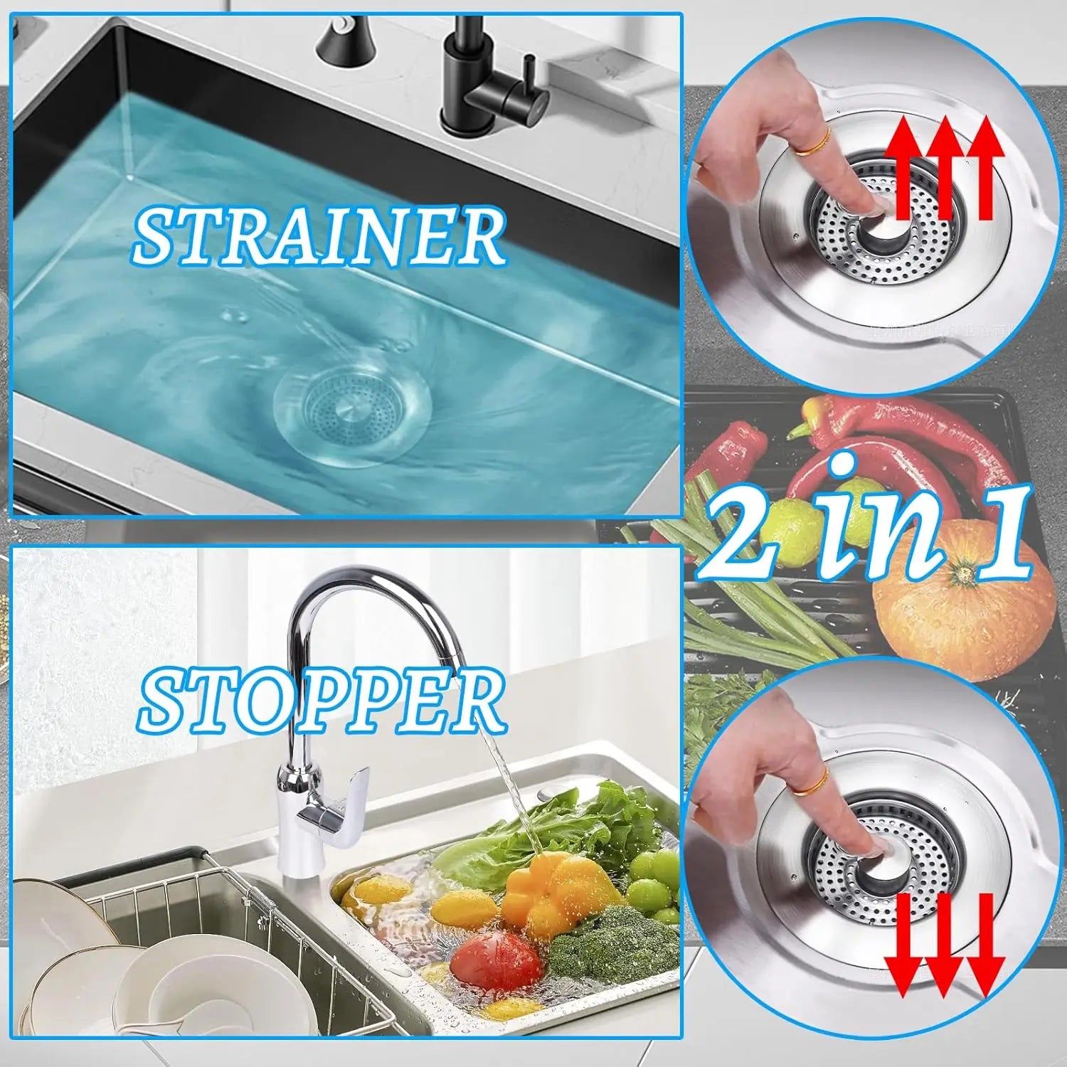 3-in-1 Sink Drain Strainer - Universal Pop-Up Stopper