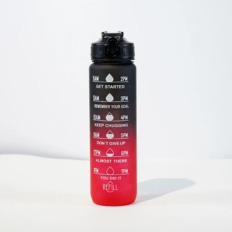 Motivational Water Bottle - 1L with Time Marks and Straw