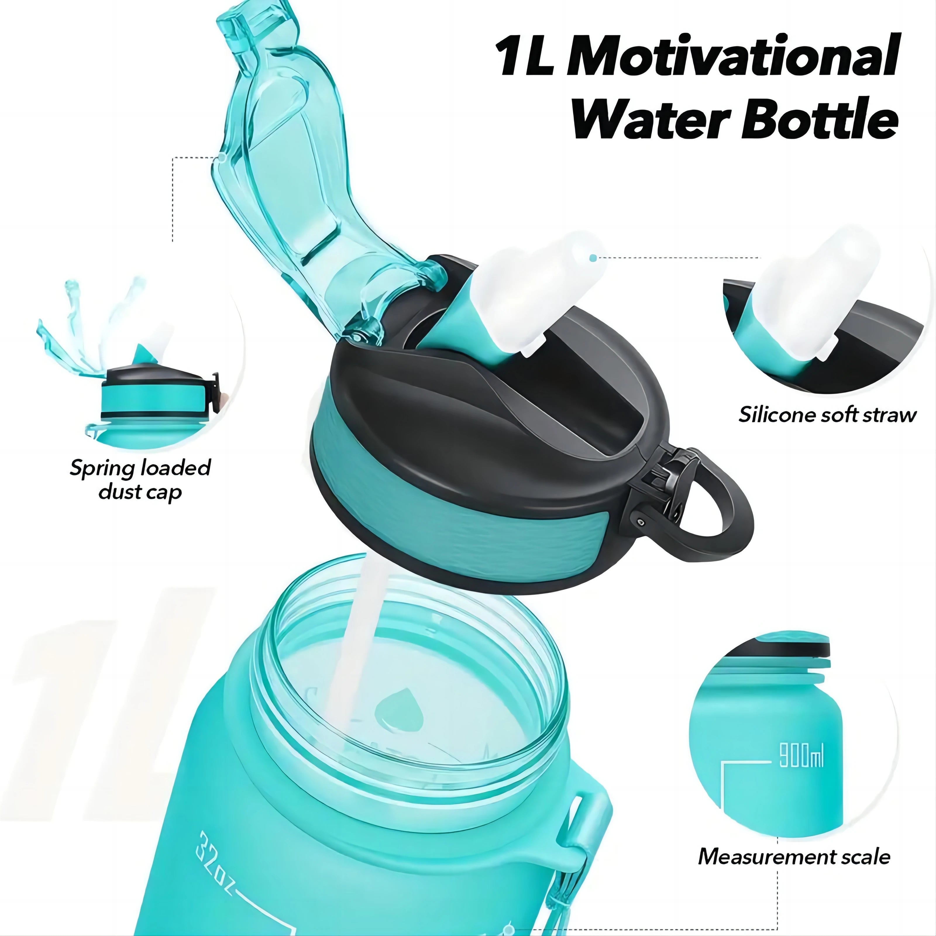 Motivational Water Bottle - 1L with Time Marks and Straw