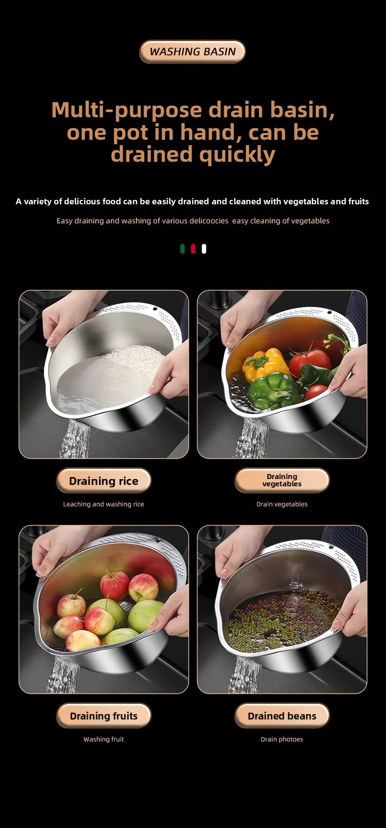 Stainless Steel Rice Washing Bowl - Dual-Purpose Strainer Colander