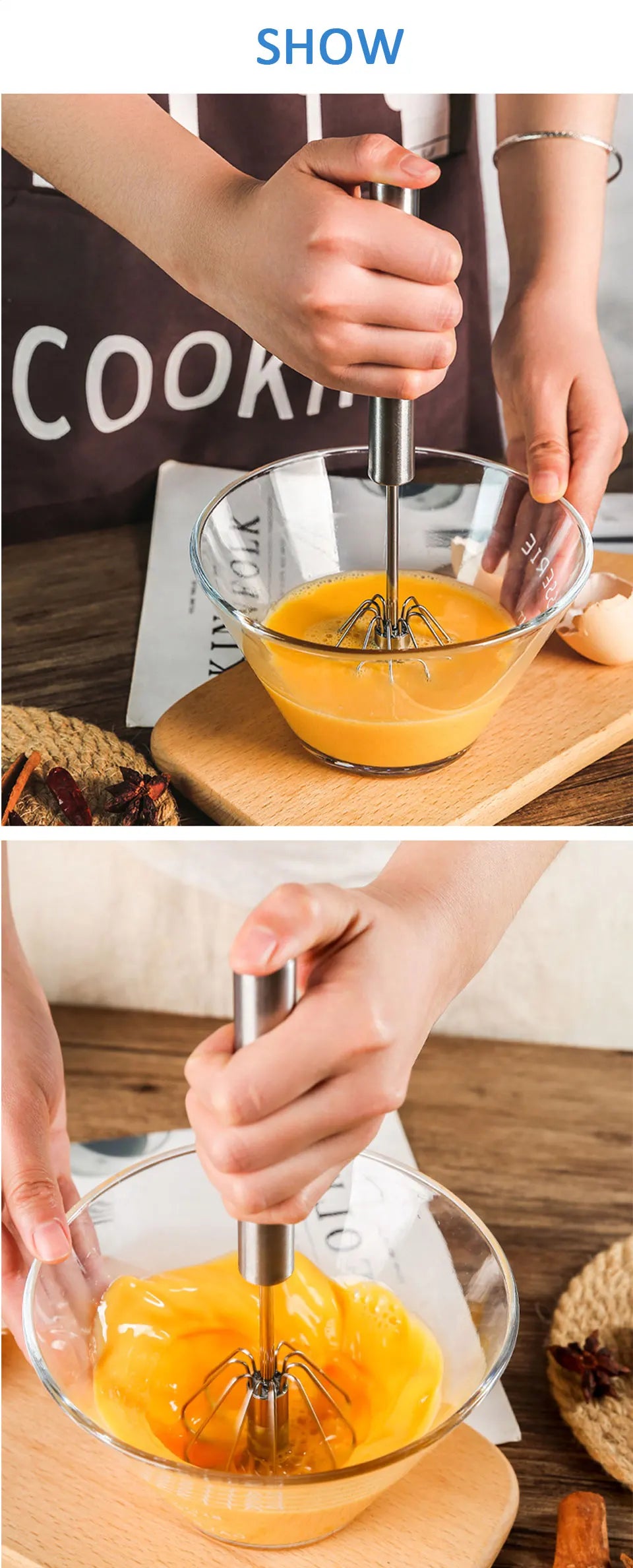 Semi-Automatic Egg Beater - Self-Turning Stainless Steel Whisk