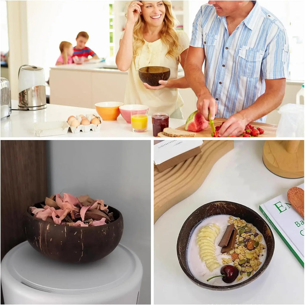 Natural Coconut Bowl Set - Polished Bowls with Wooden Spoons