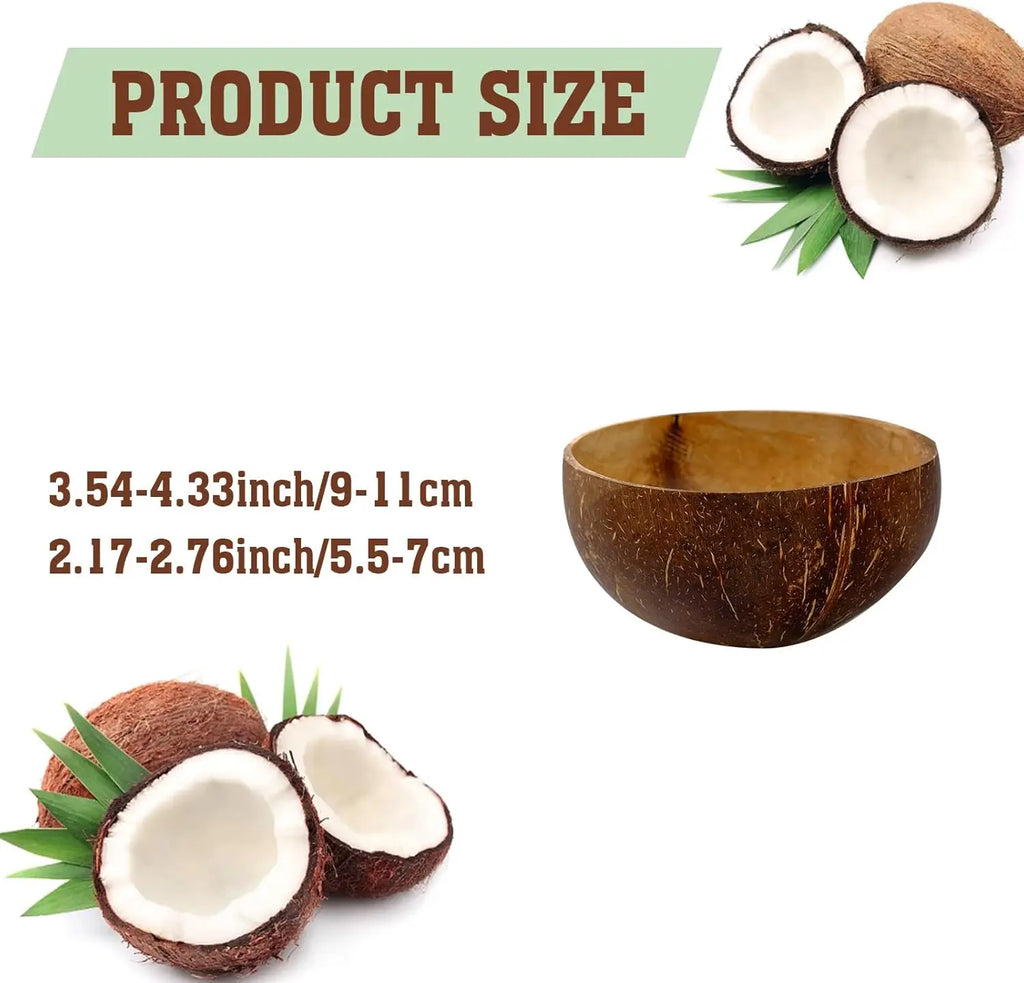 Natural Coconut Bowl Set - Polished Bowls with Wooden Spoons