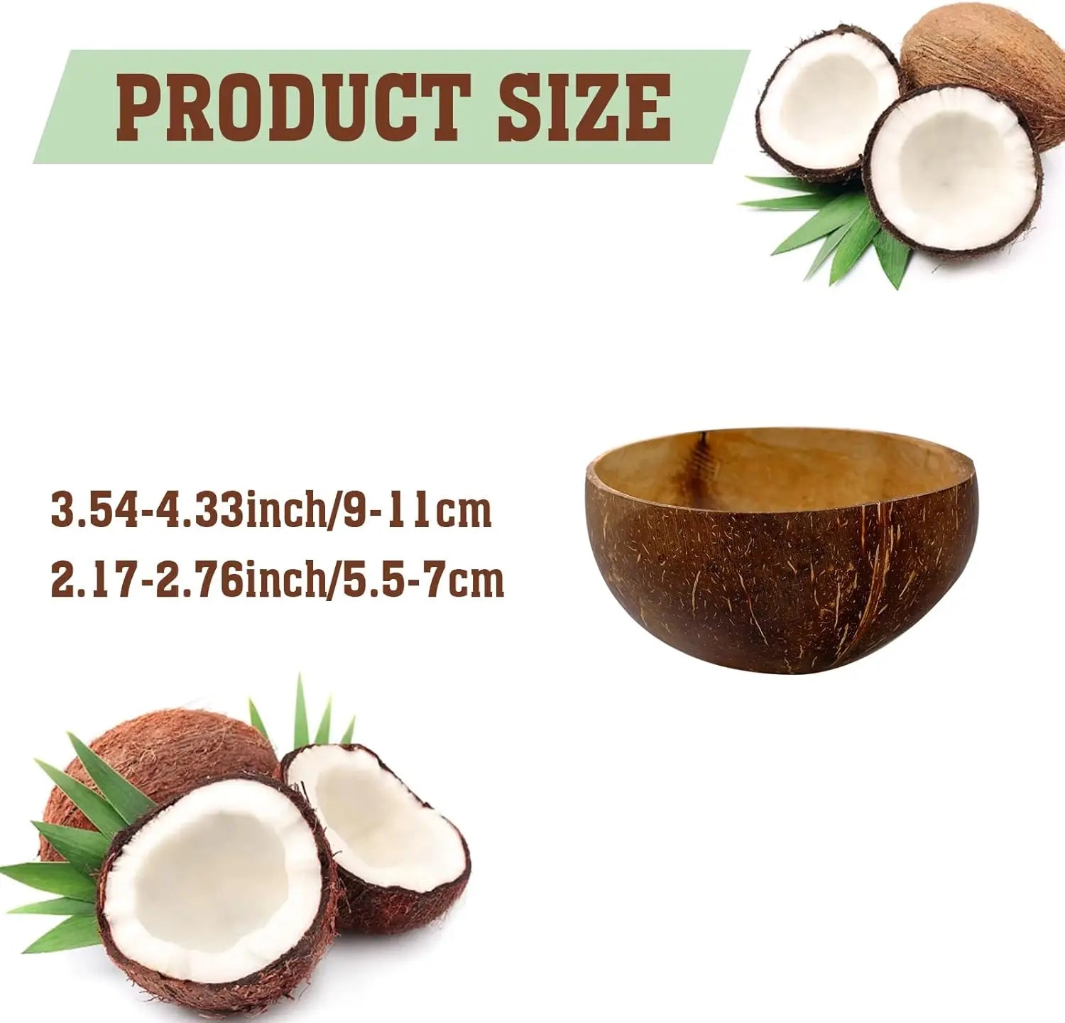 Natural Coconut Bowl Set - Polished Bowls with Wooden Spoons