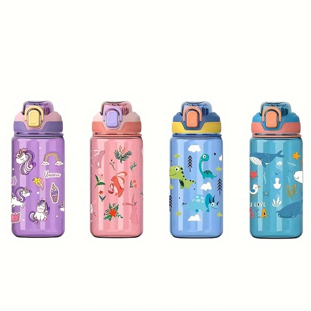 Cartoon Animal Water Bottle - 600ml Kids Straw Cup with Safety Lock
