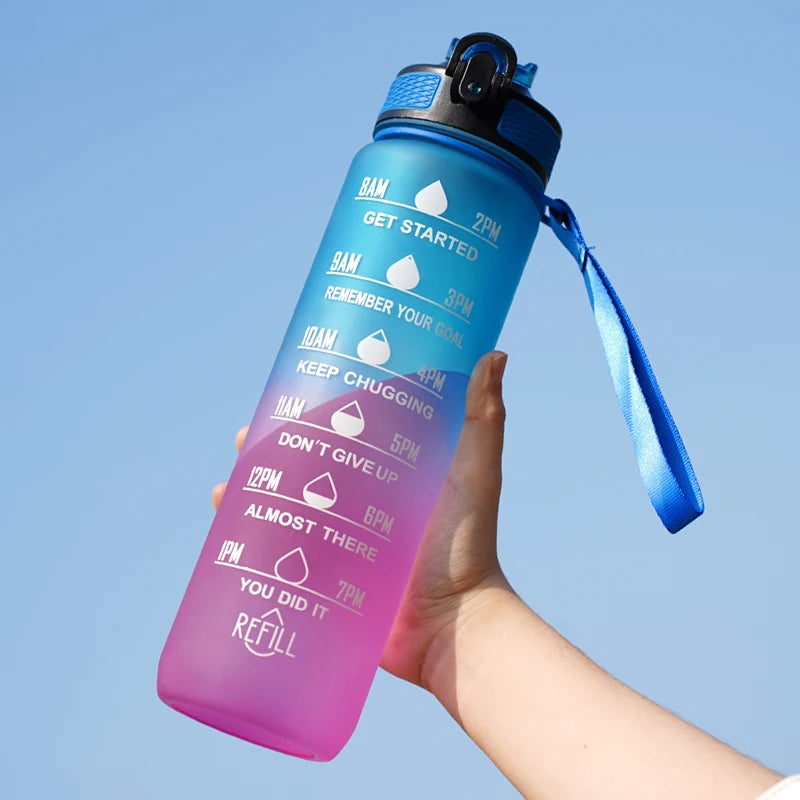 Motivational Water Bottle - 1L with Time Marks and Straw