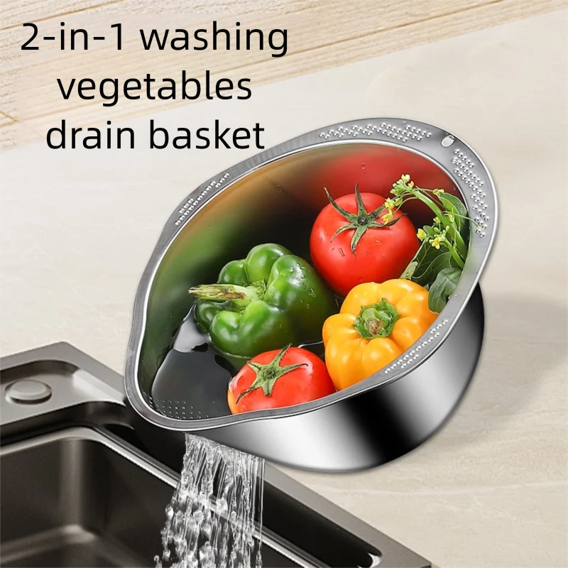 Stainless Steel Rice Washing Bowl - Dual-Purpose Strainer Colander