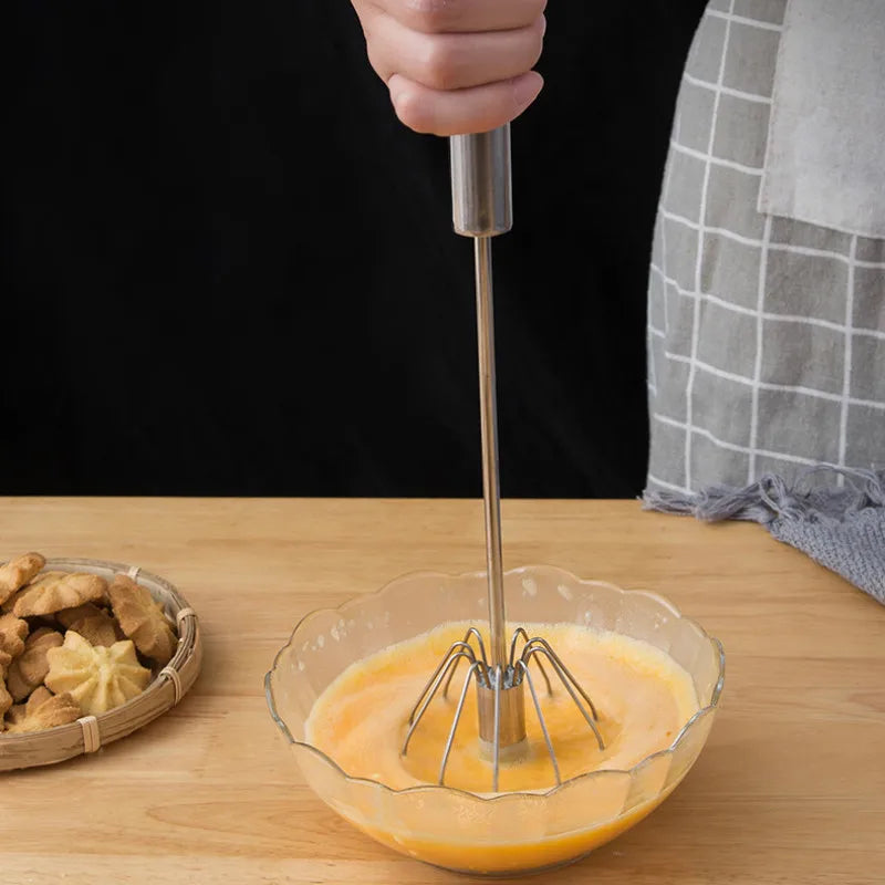 Semi-Automatic Egg Beater - Self-Turning Stainless Steel Whisk