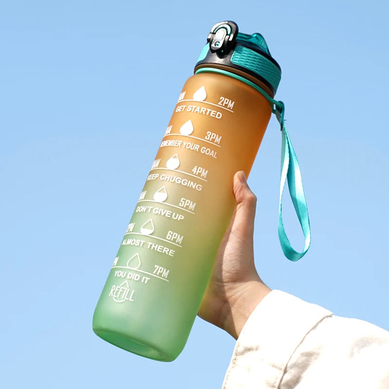 Motivational Water Bottle - 1L with Time Marks and Straw