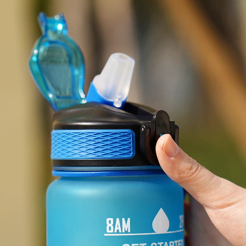 Motivational Water Bottle - 1L with Time Marks and Straw