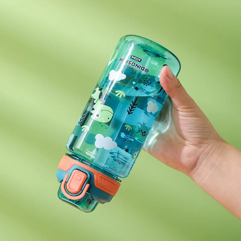 Cartoon Animal Water Bottle - 600ml Kids Straw Cup with Safety Lock