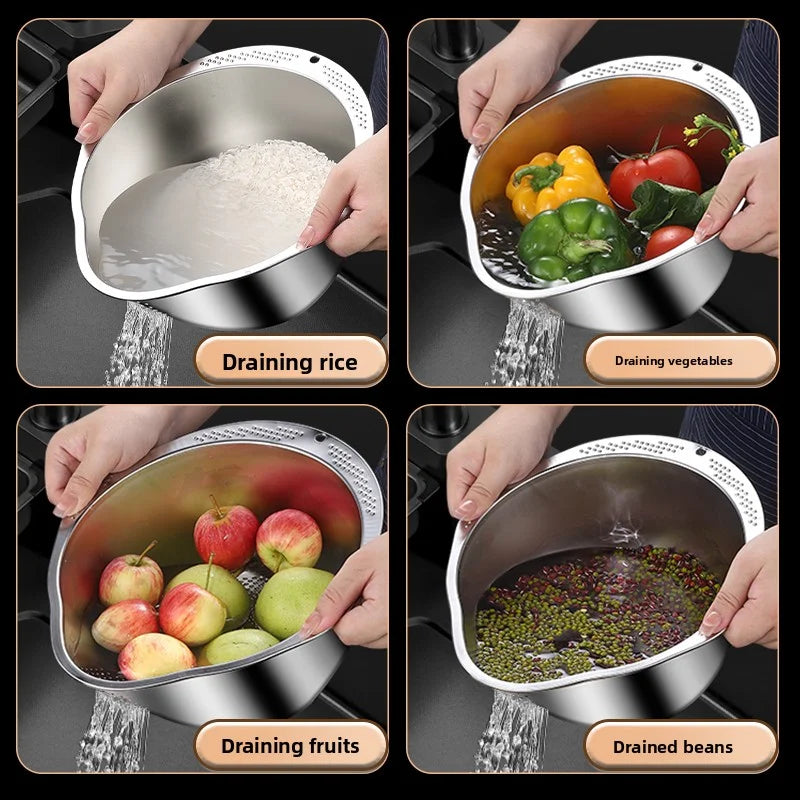 Stainless Steel Rice Washing Bowl - Dual-Purpose Strainer Colander