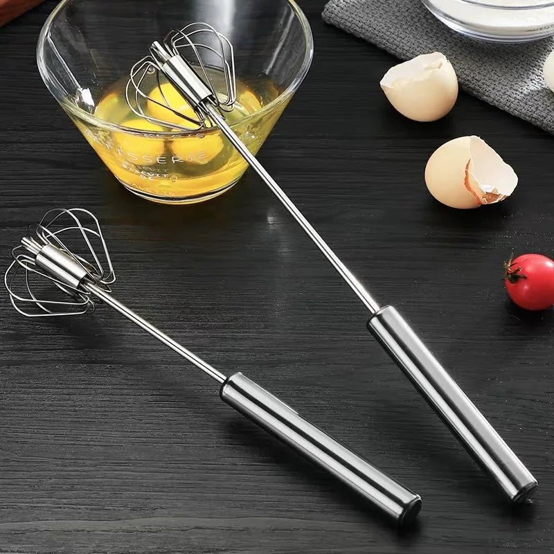 Semi-Automatic Egg Beater - Self-Turning Stainless Steel Whisk