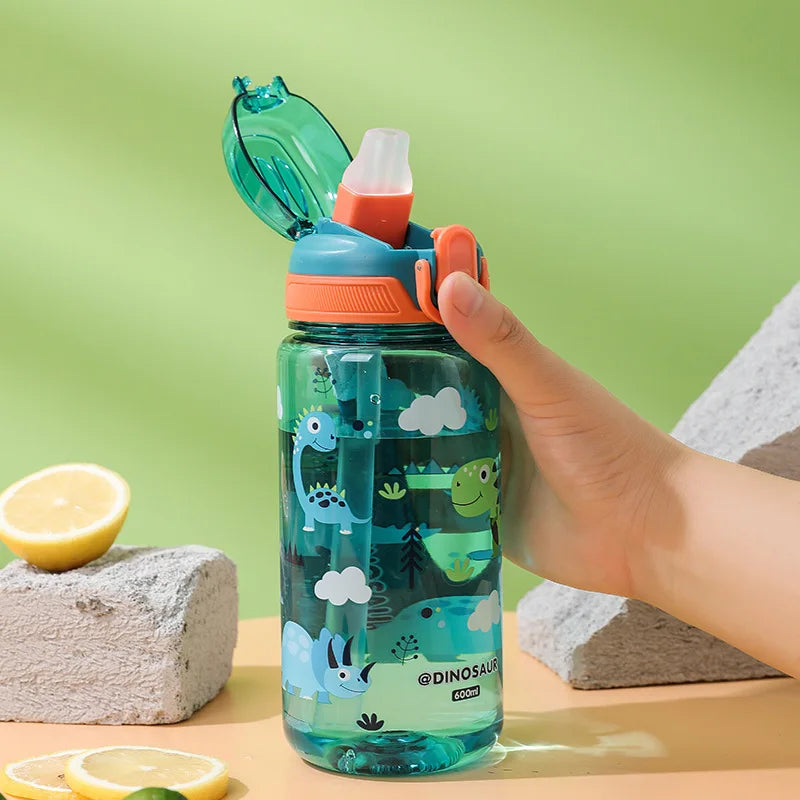 Cartoon Animal Water Bottle - 600ml Kids Straw Cup with Safety Lock