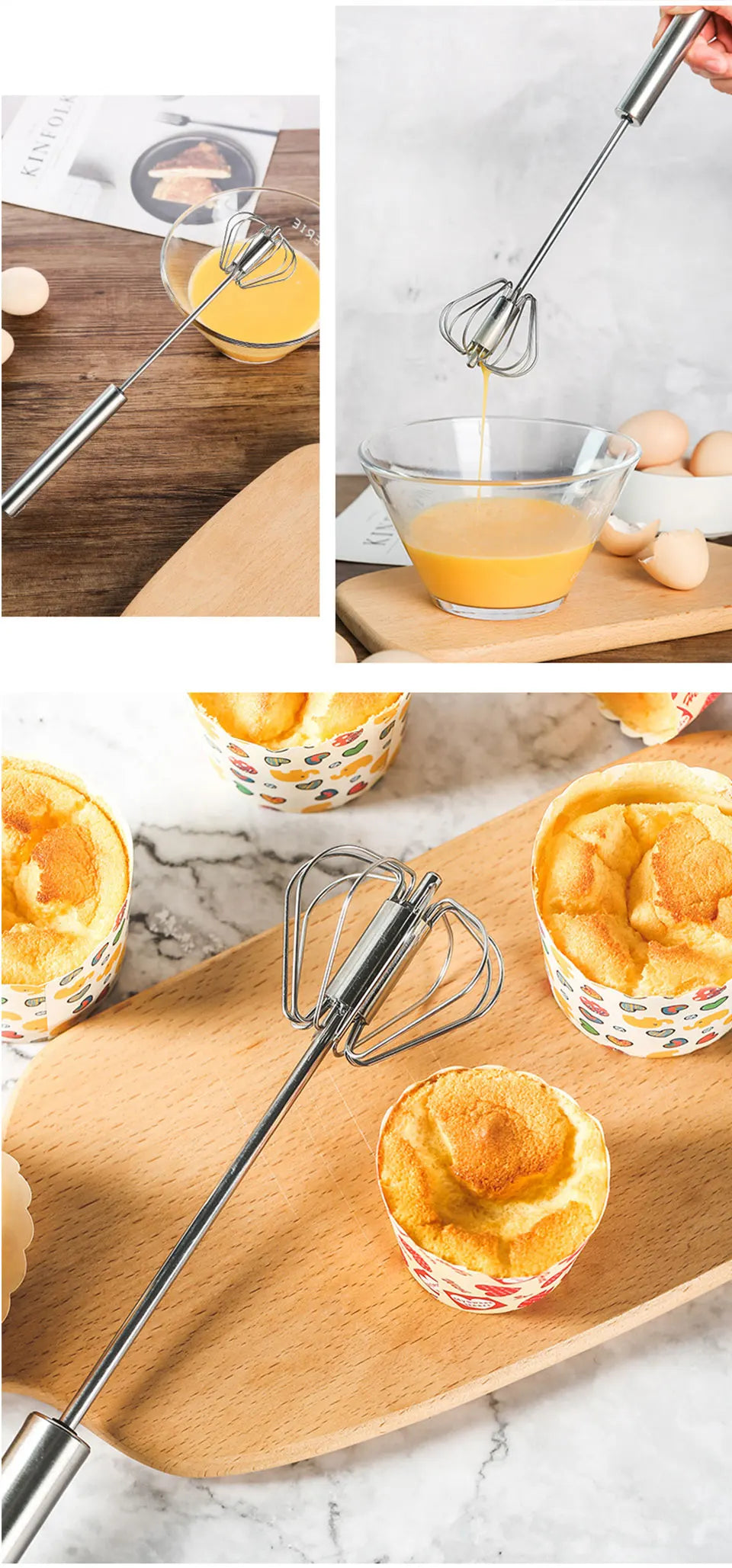 Semi-Automatic Egg Beater - Self-Turning Stainless Steel Whisk