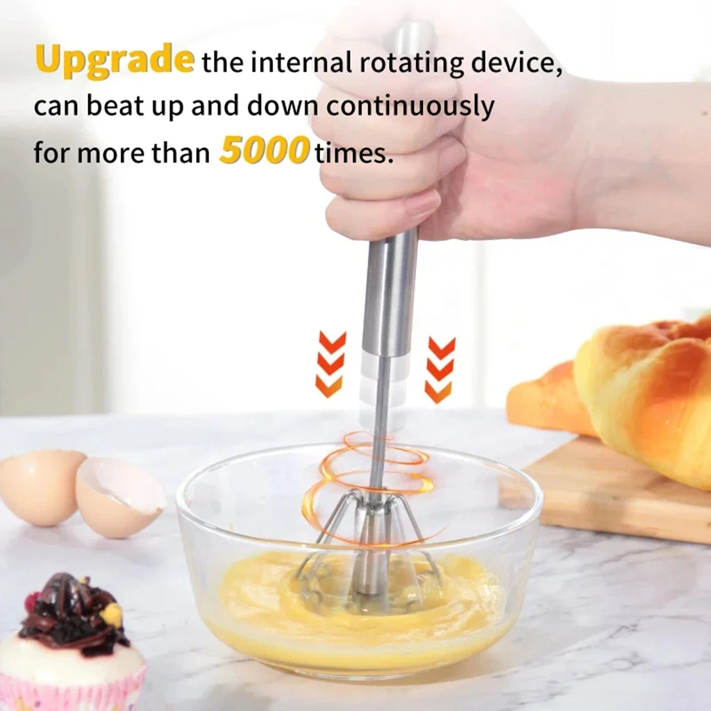 Semi-Automatic Egg Beater - Self-Turning Stainless Steel Whisk