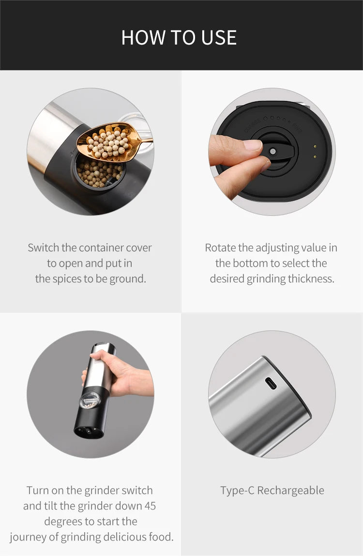 Automatic Pepper Grinder - USB Rechargeable with Adjustable Coarseness