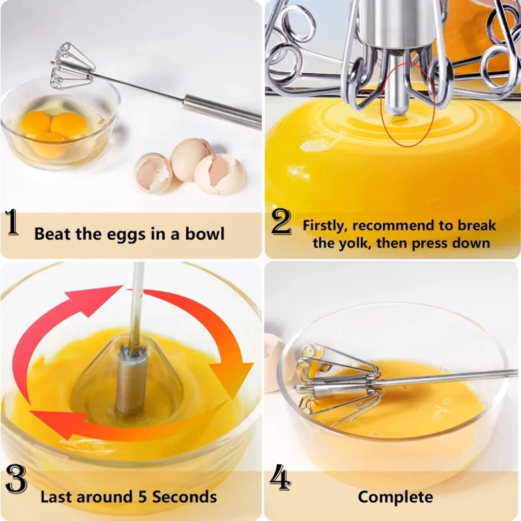 Semi-Automatic Egg Beater - Self-Turning Stainless Steel Whisk