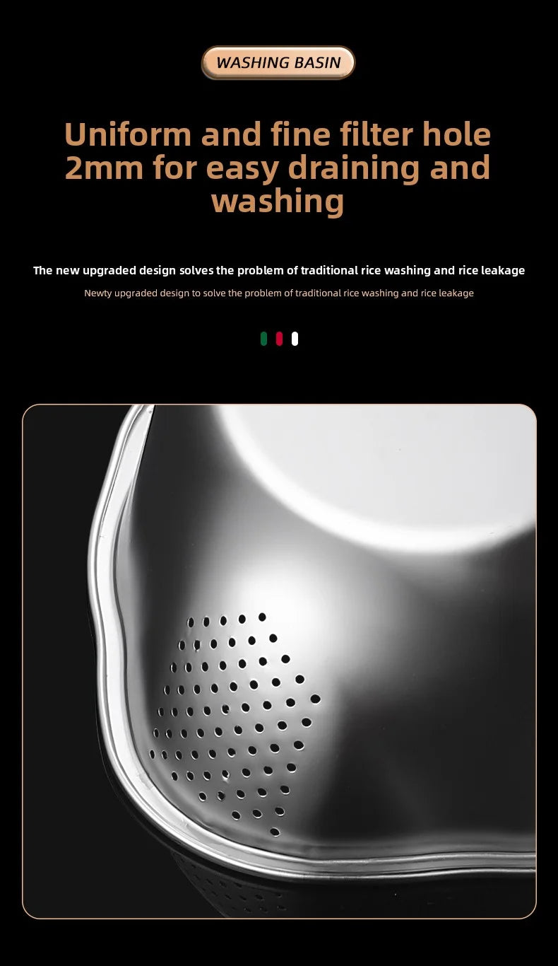 Stainless Steel Rice Washing Bowl - Dual-Purpose Strainer Colander
