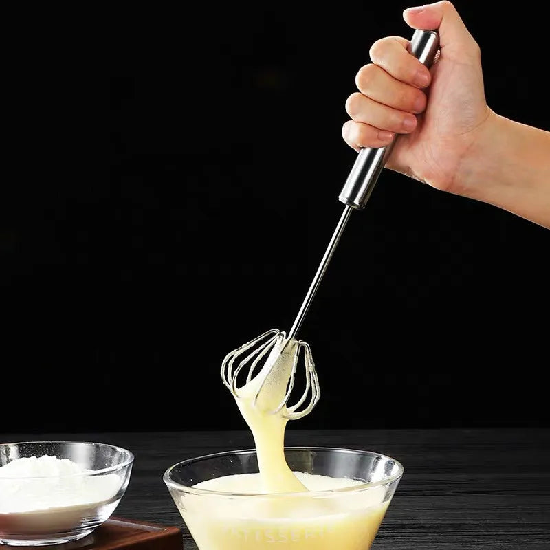 Semi-Automatic Egg Beater - Self-Turning Stainless Steel Whisk