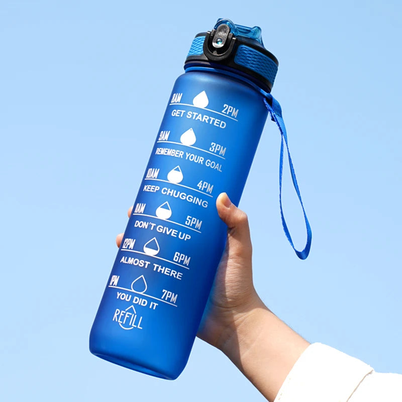 Motivational Water Bottle - 1L with Time Marks and Straw