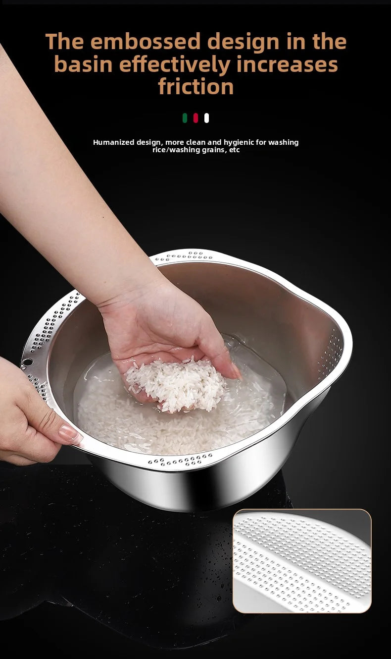 Stainless Steel Rice Washing Bowl - Dual-Purpose Strainer Colander
