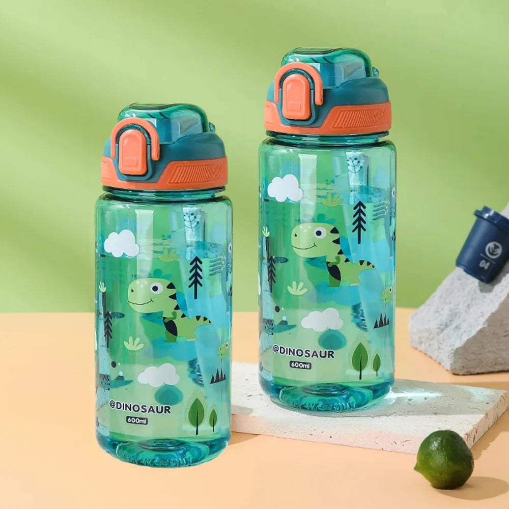Cartoon Animal Water Bottle - 600ml Kids Straw Cup with Safety Lock
