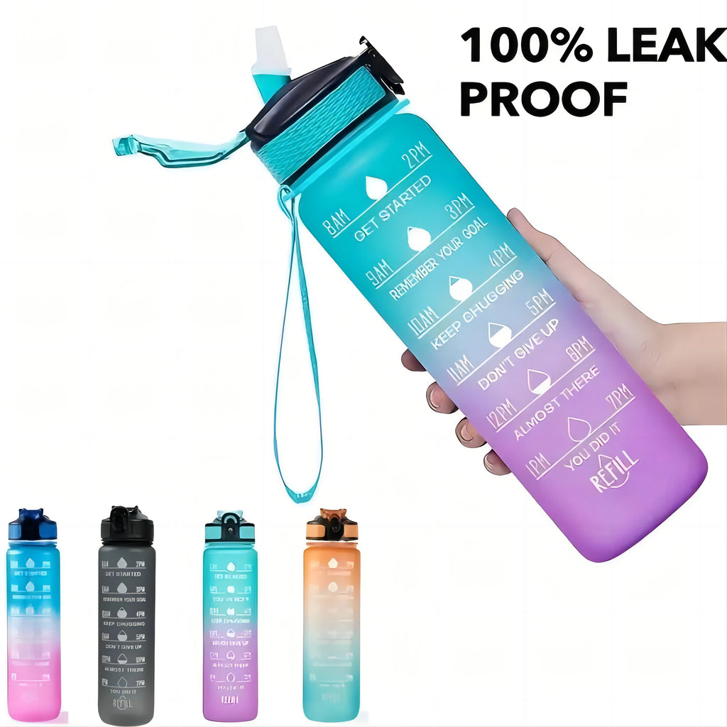 Motivational Water Bottle - 1L with Time Marks and Straw