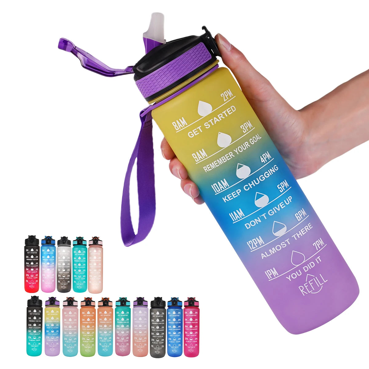 Motivational Water Bottle - 1L with Time Marks and Straw