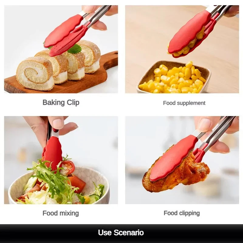 Anti-Slip Cooking Tongs - Stainless Steel Food Clip