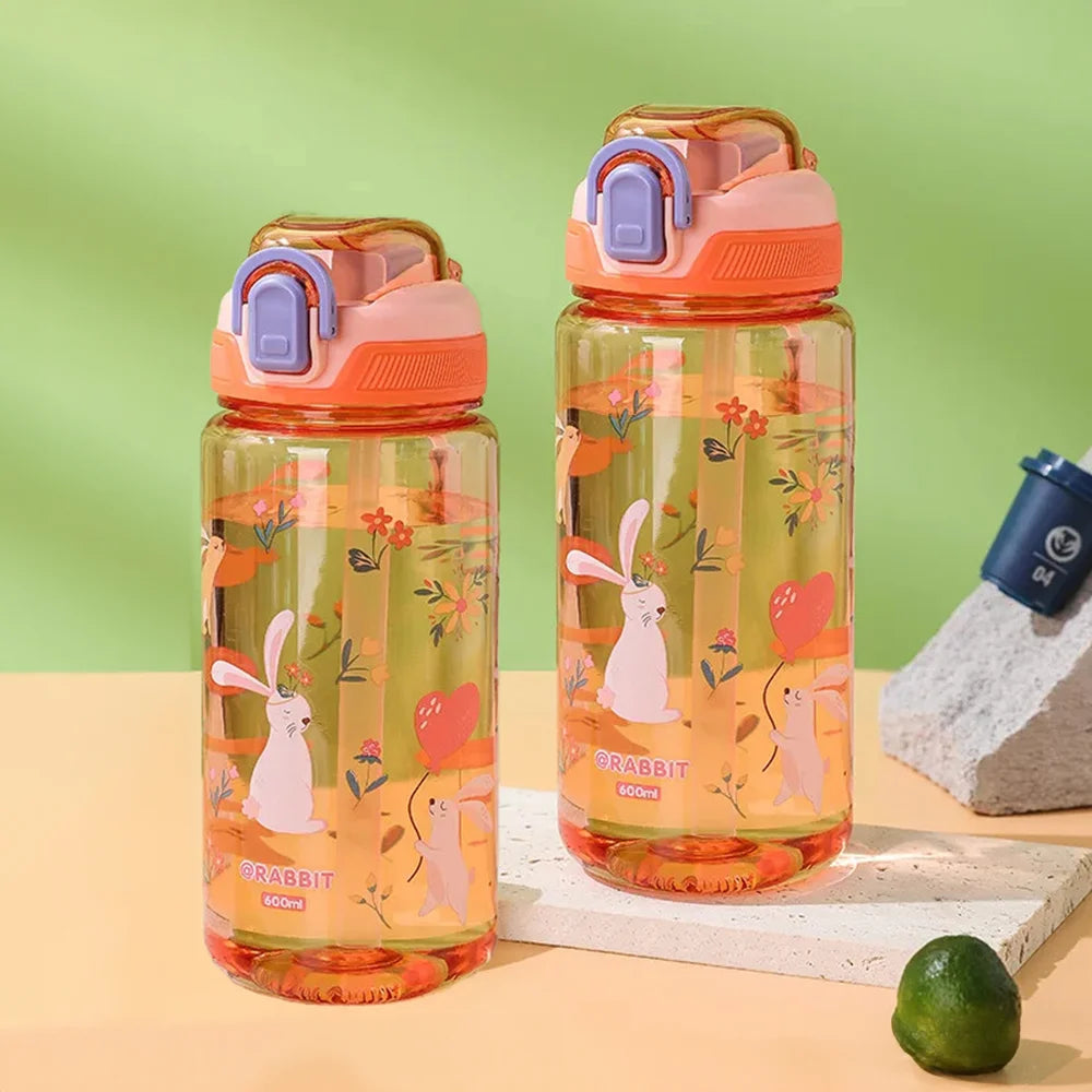Cartoon Animal Water Bottle - 600ml Kids Straw Cup with Safety Lock