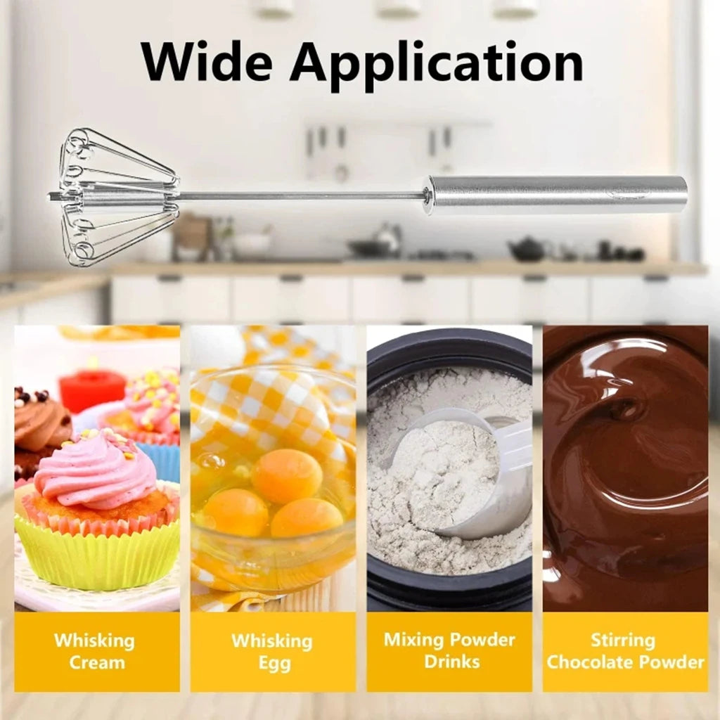 Semi-Automatic Egg Beater - Self-Turning Stainless Steel Whisk