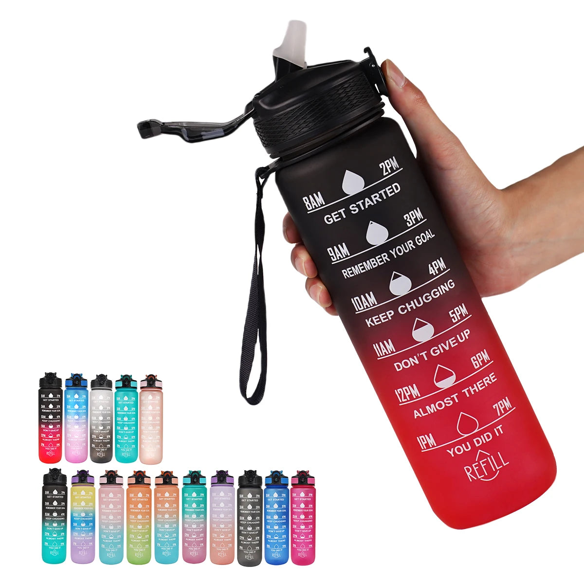 Motivational Water Bottle - 1L with Time Marks and Straw