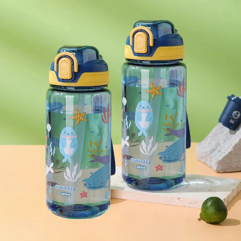 Cartoon Animal Water Bottle - 600ml Kids Straw Cup with Safety Lock