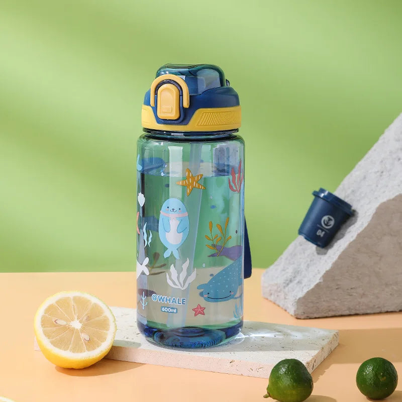 Cartoon Animal Water Bottle - 600ml Kids Straw Cup with Safety Lock