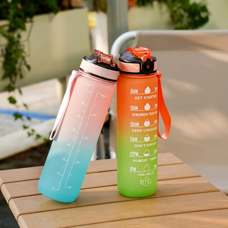 Motivational Water Bottle - 1L with Time Marks and Straw