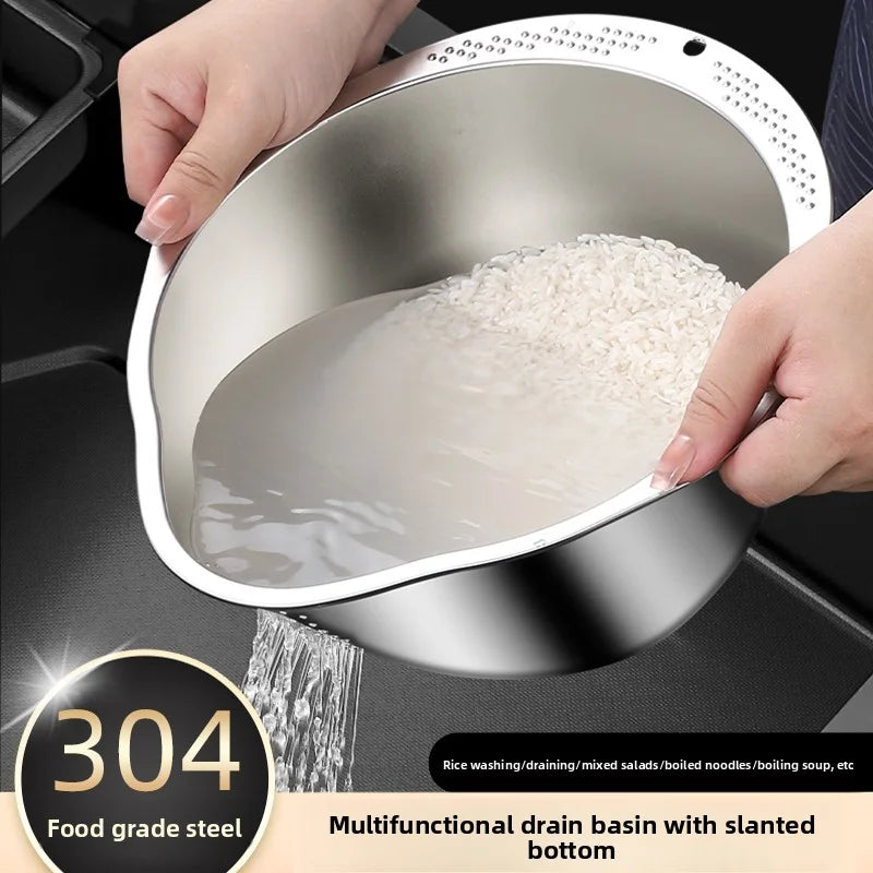 Stainless Steel Rice Washing Bowl - Dual-Purpose Strainer Colander