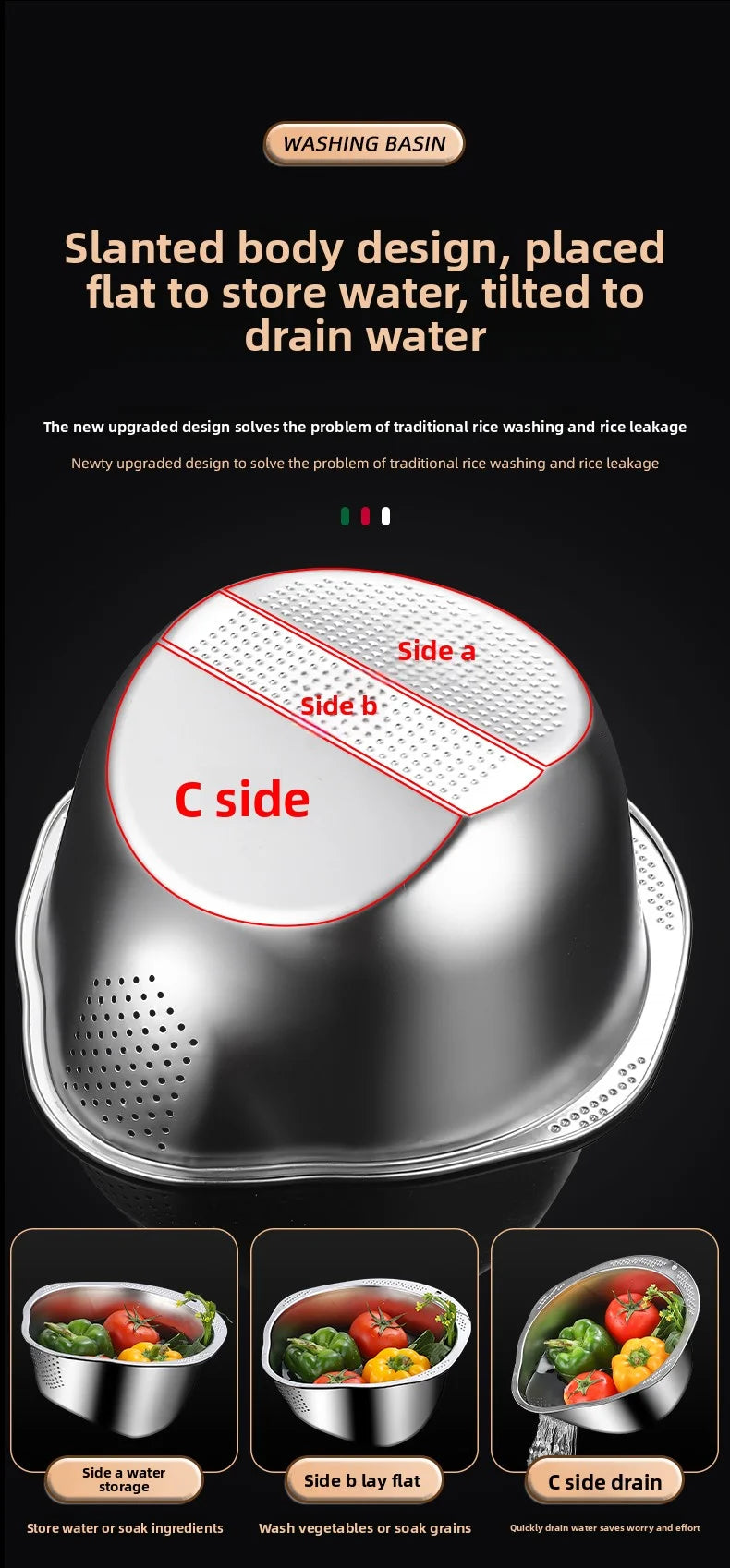 Stainless Steel Rice Washing Bowl - Dual-Purpose Strainer Colander