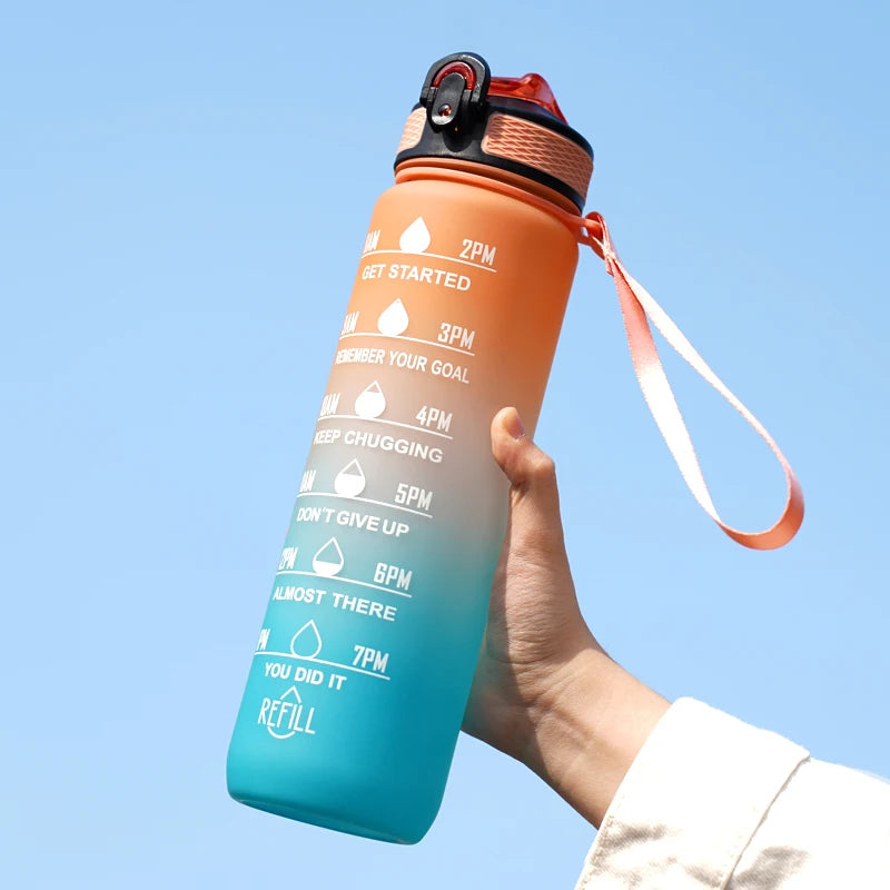 Motivational Water Bottle - 1L with Time Marks and Straw