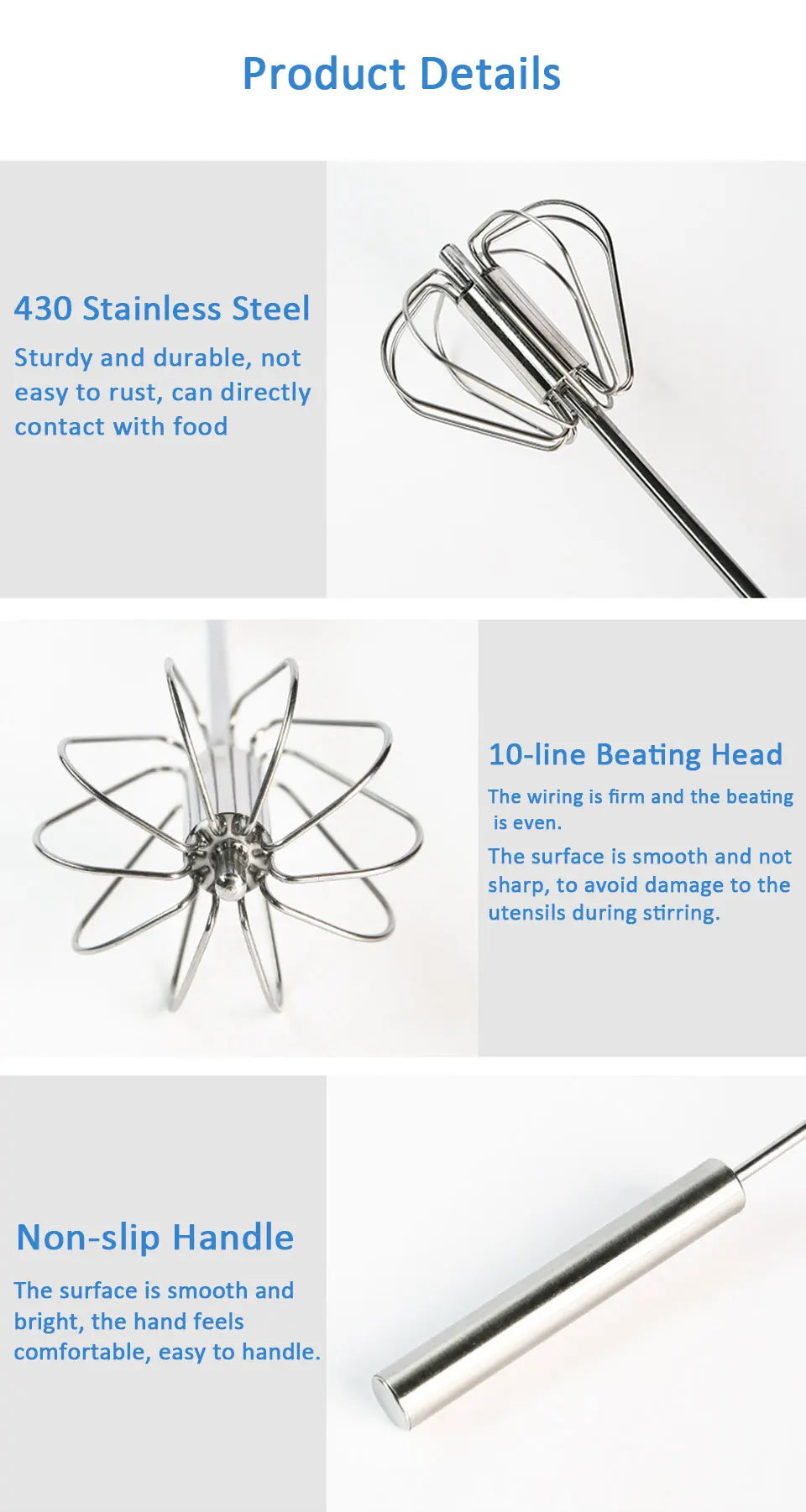 Semi-Automatic Egg Beater - Self-Turning Stainless Steel Whisk
