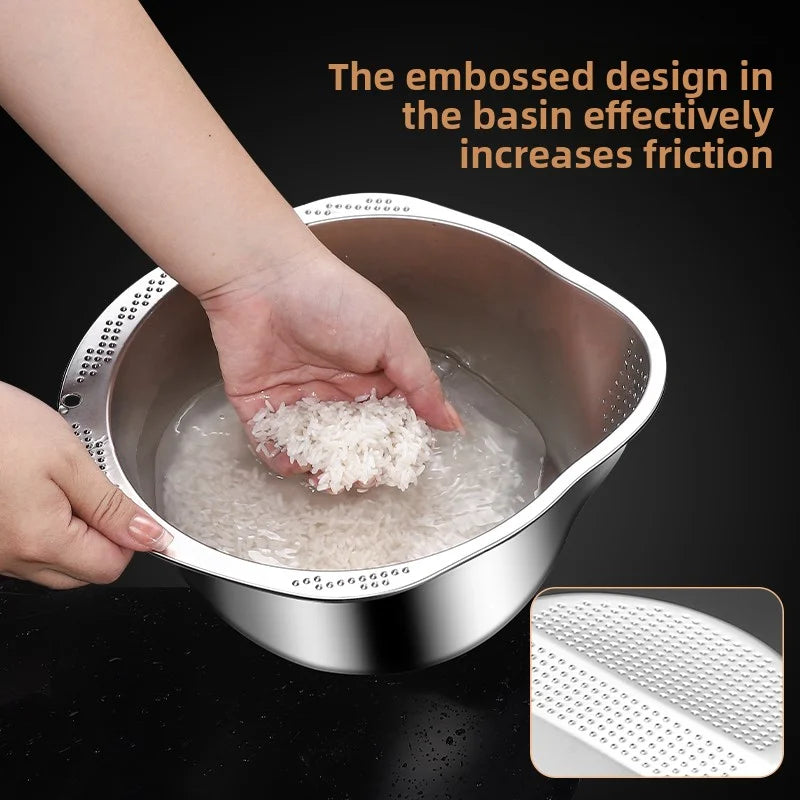 Stainless Steel Rice Washing Bowl - Dual-Purpose Strainer Colander
