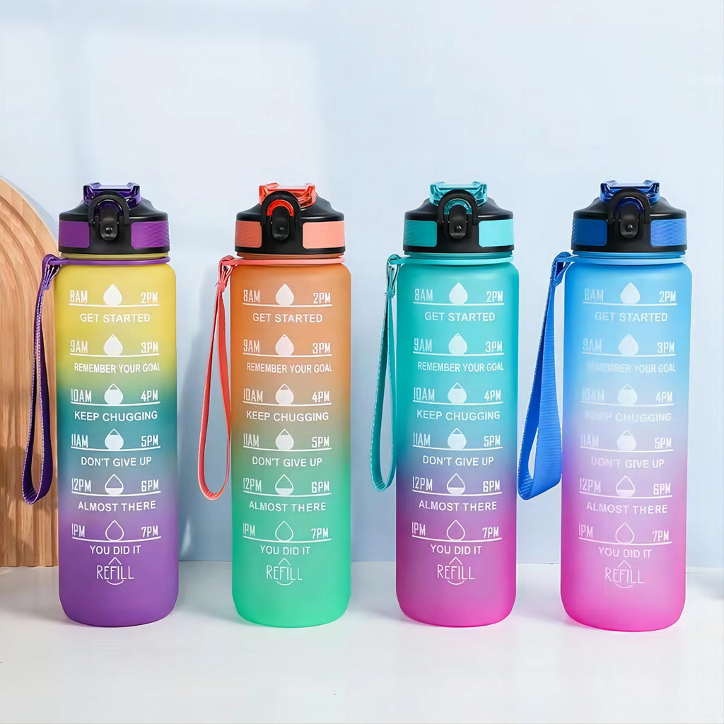 Motivational Water Bottle - 1L with Time Marks and Straw