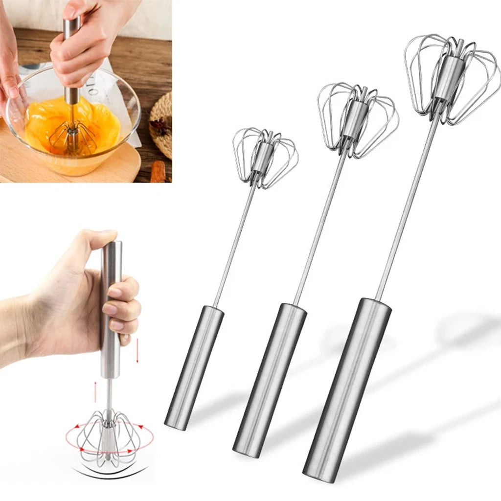 Semi-Automatic Egg Beater - Self-Turning Stainless Steel Whisk
