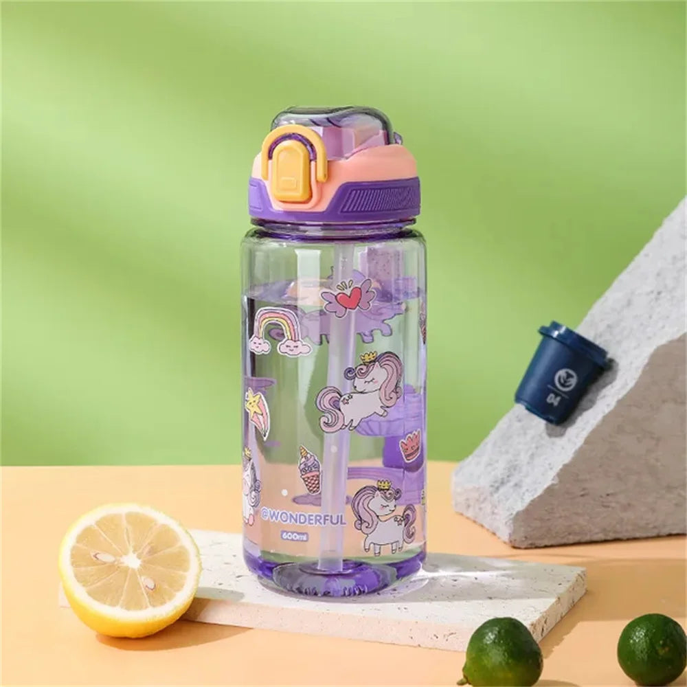 Cartoon Animal Water Bottle - 600ml Kids Straw Cup with Safety Lock
