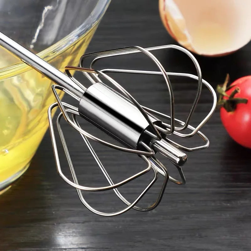 Semi-Automatic Egg Beater - Self-Turning Stainless Steel Whisk