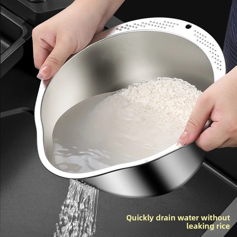 Stainless Steel Rice Washing Bowl - Dual-Purpose Strainer Colander
