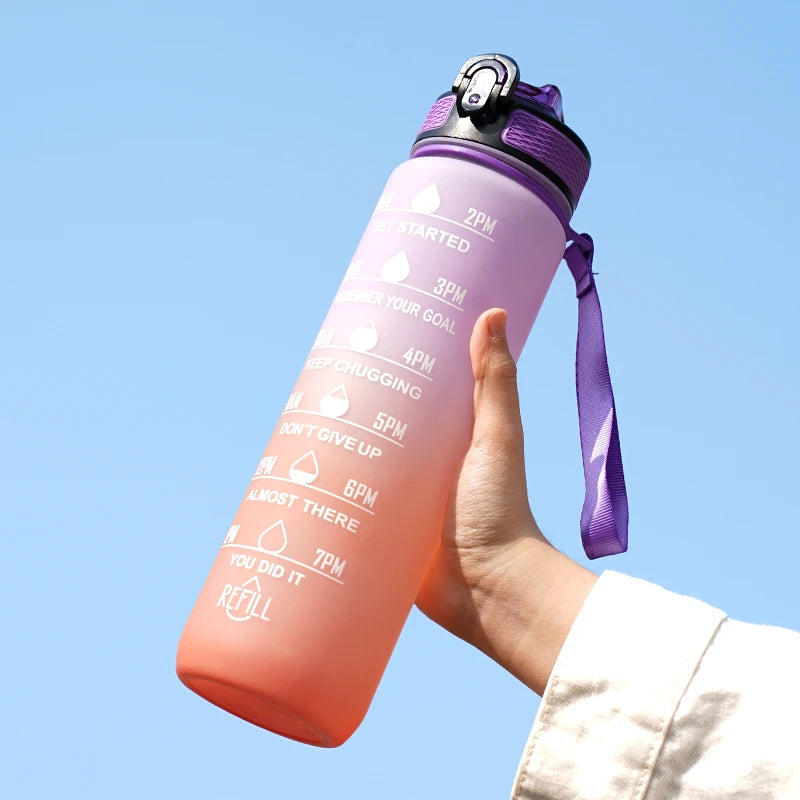 Motivational Water Bottle - 1L with Time Marks and Straw