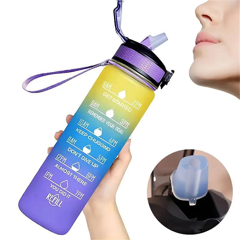 Motivational Water Bottle - 1L with Time Marks and Straw