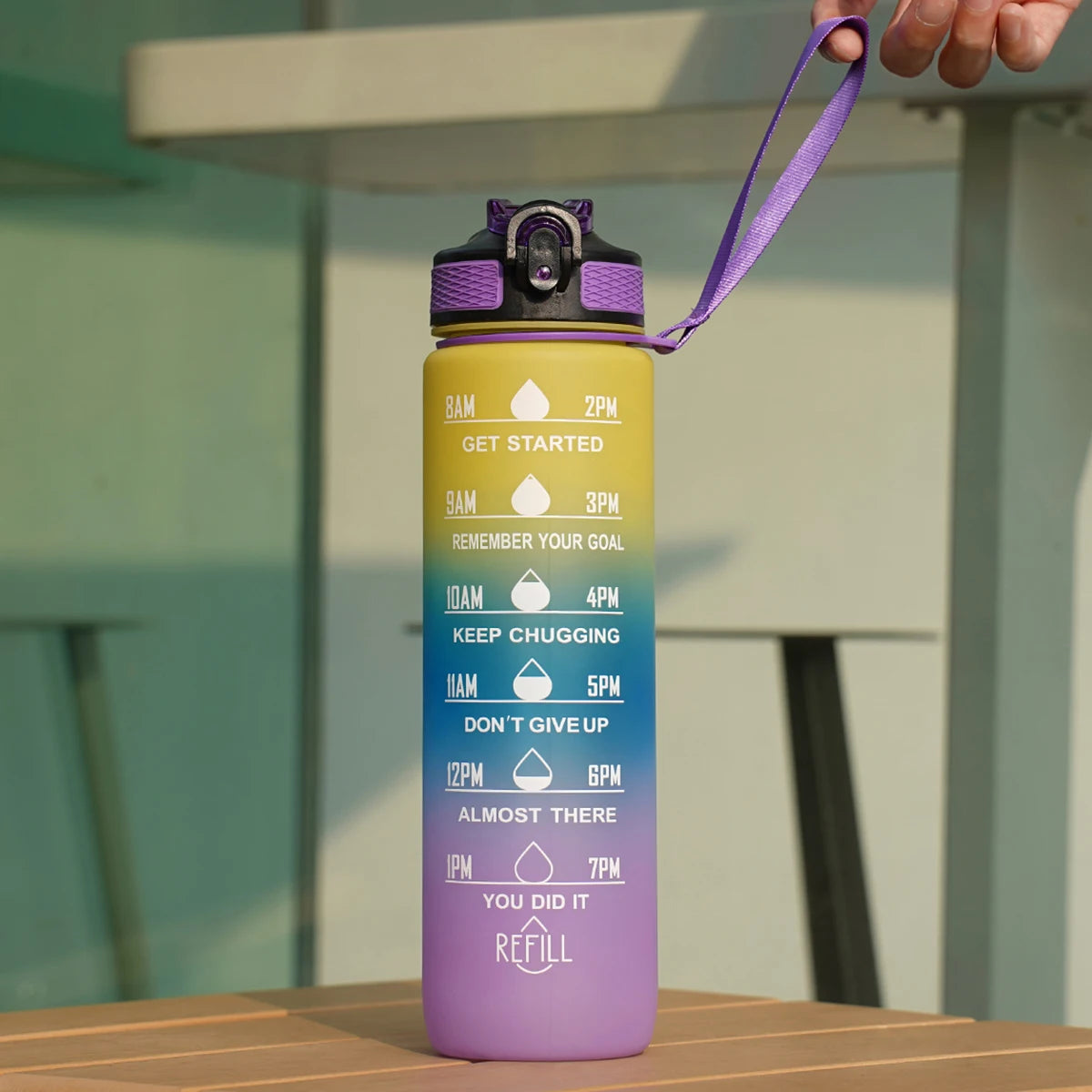 Motivational Water Bottle - 1L with Time Marks and Straw