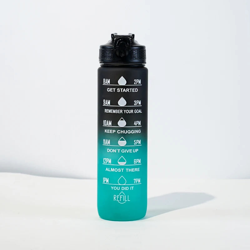 Motivational Water Bottle - 1L with Time Marks and Straw